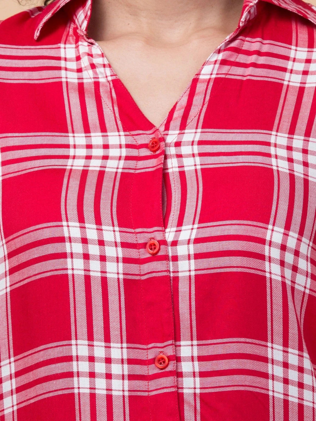 Women Red Checkered Viscose Rayon Button Down Casual Shirt