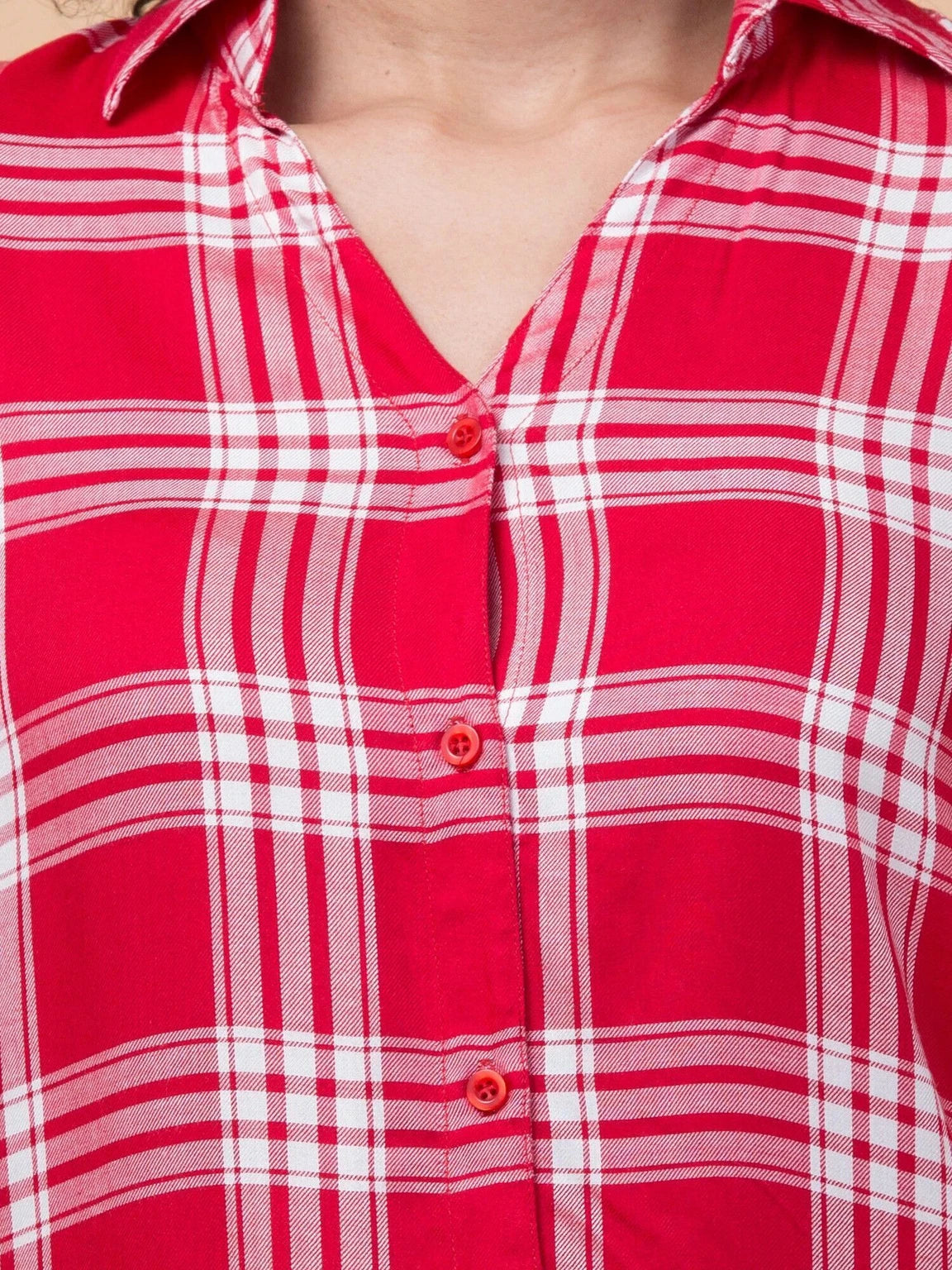 Women Red Checkered Viscose Rayon Button Down Casual Shirt