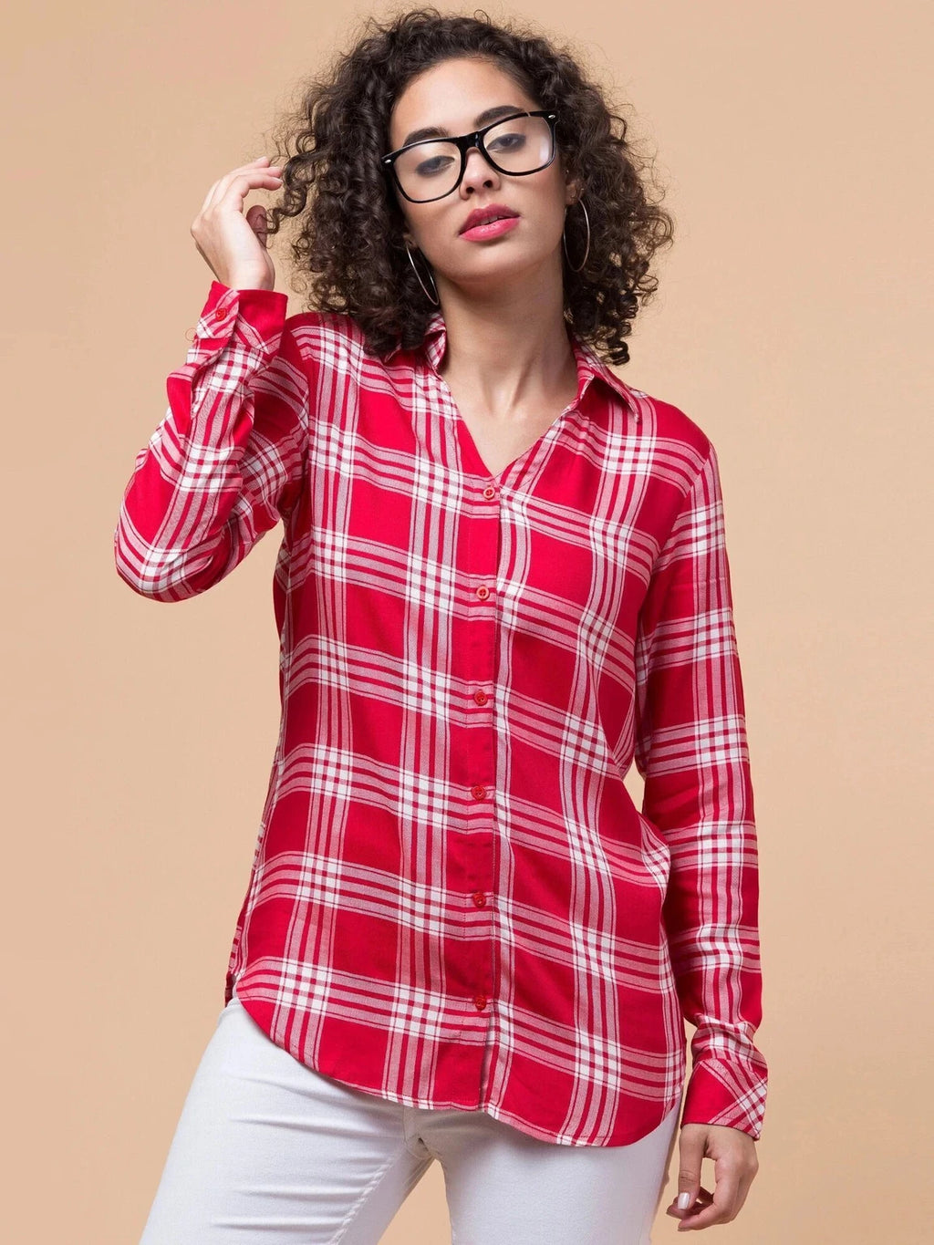 Women Red Checkered Viscose Rayon Button Down Casual Shirt