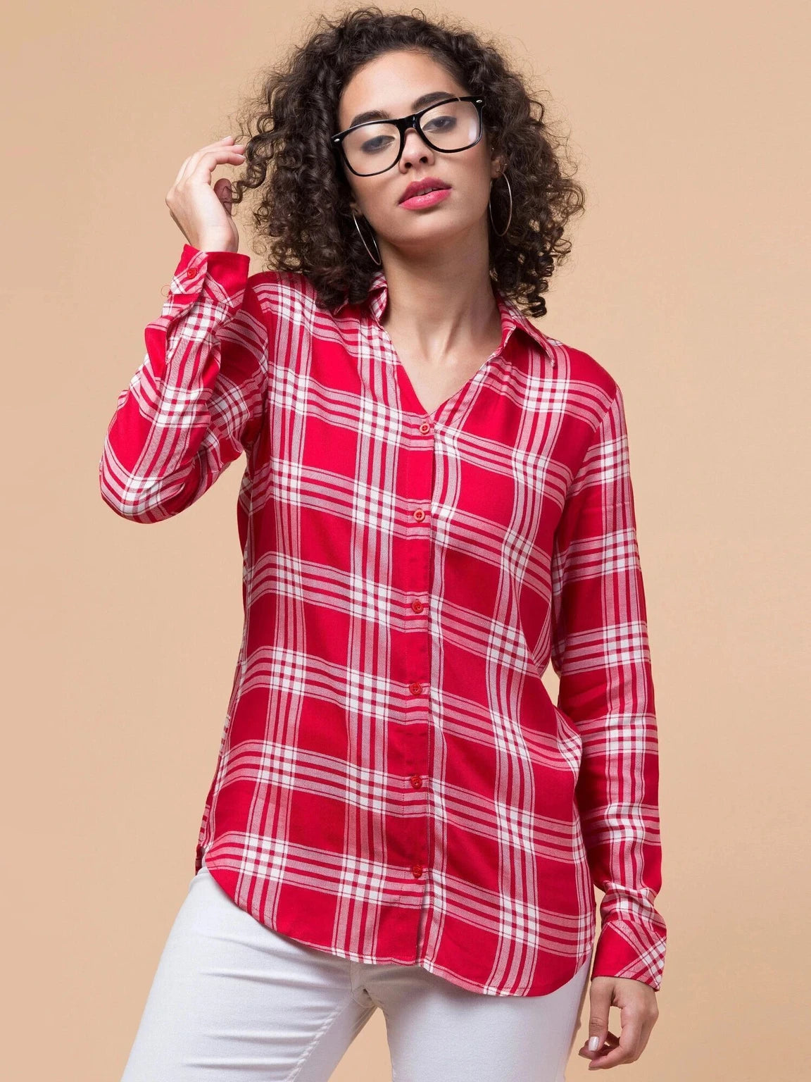 Women Red Checkered Viscose Rayon Button Down Casual Shirt