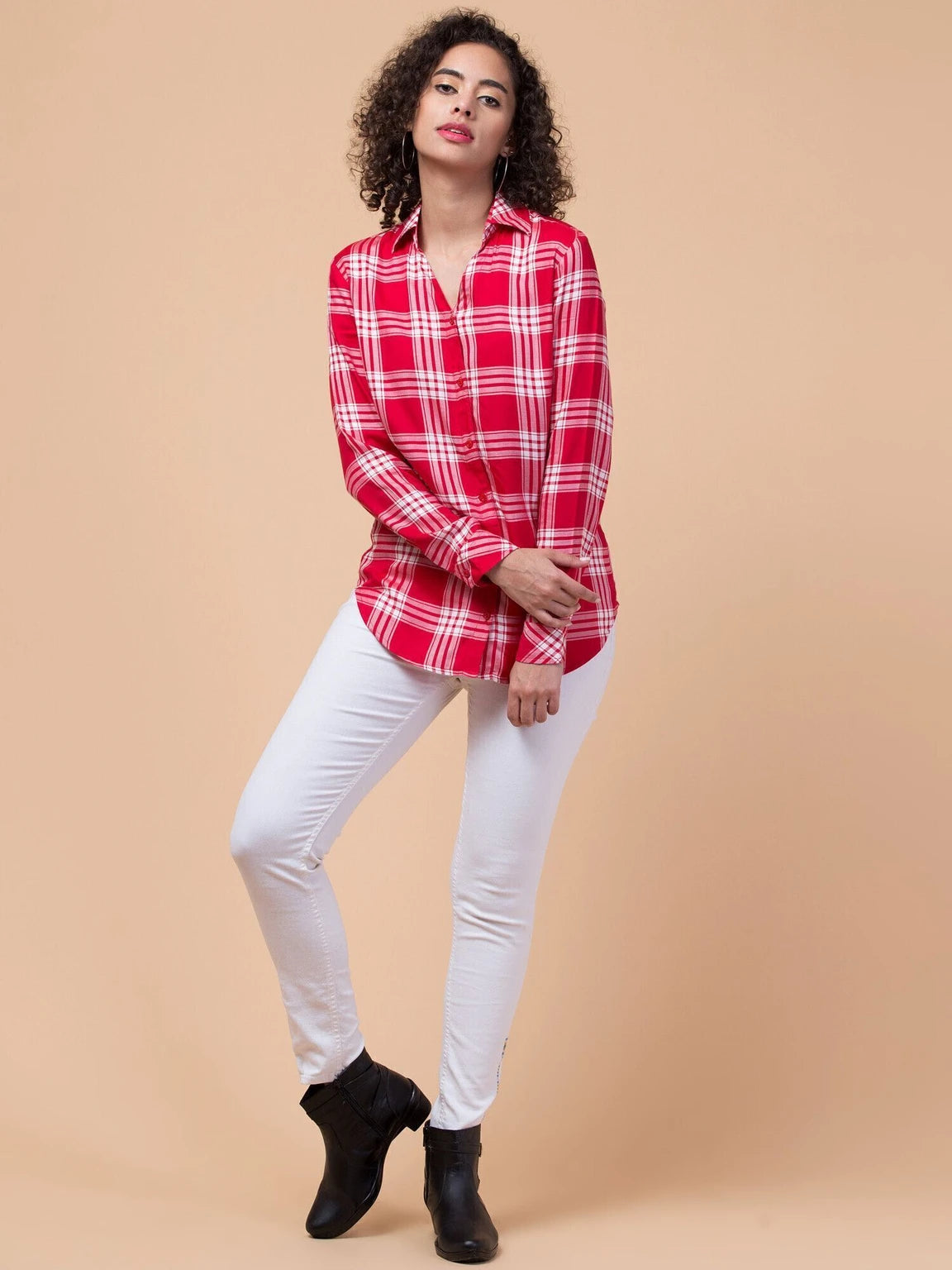 Women Red Checkered Viscose Rayon Button Down Casual Shirt