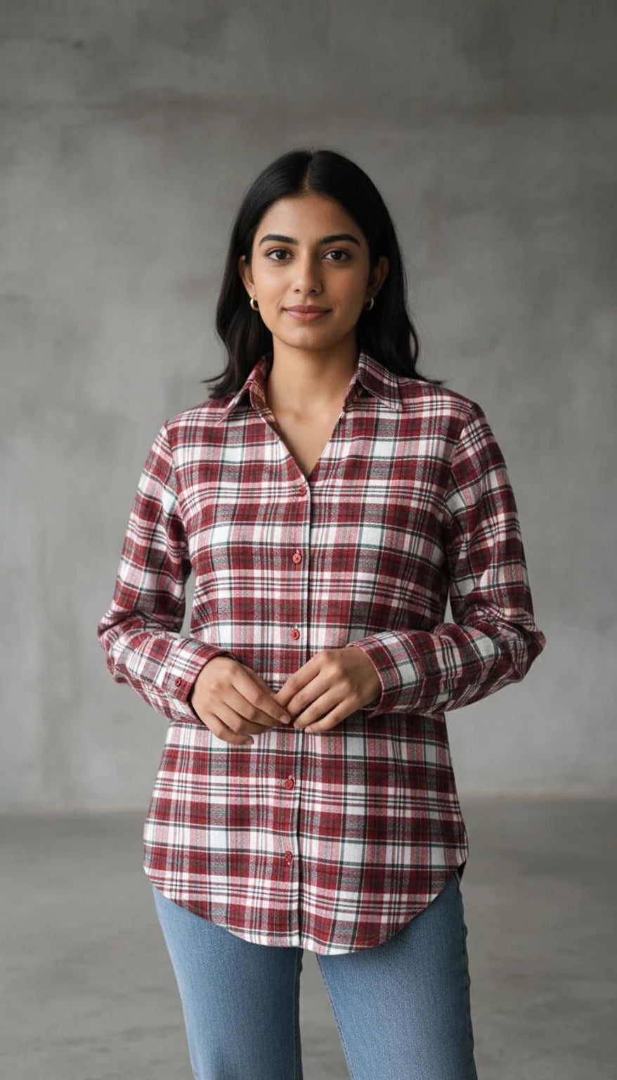Women Red & White Checkered Viscose Rayon Button Down Casual Shirt