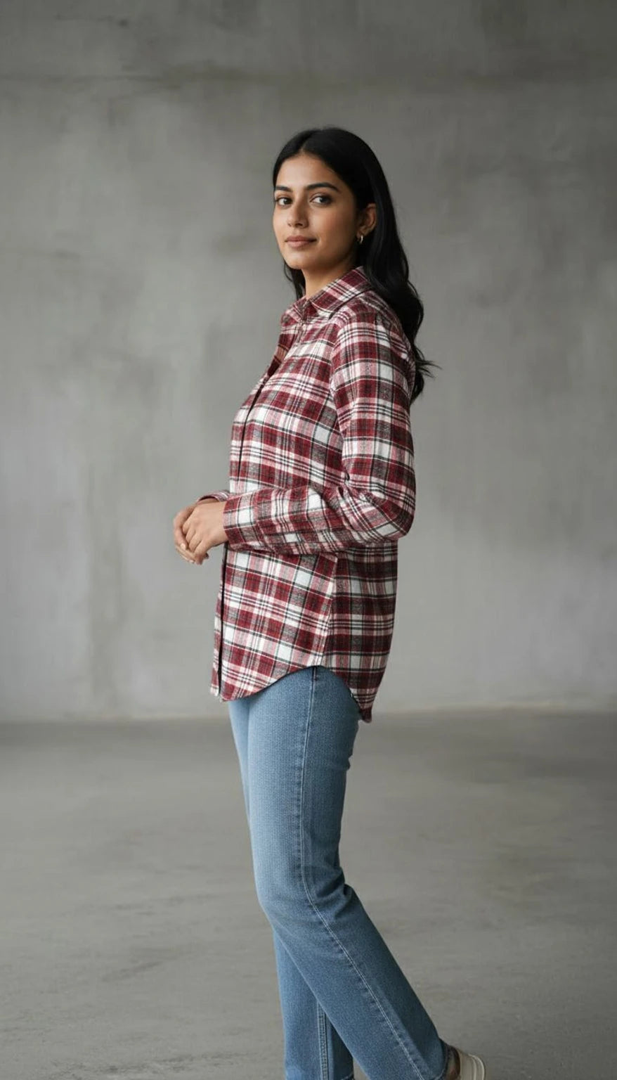 Women Red & White Checkered Viscose Rayon Button Down Casual Shirt