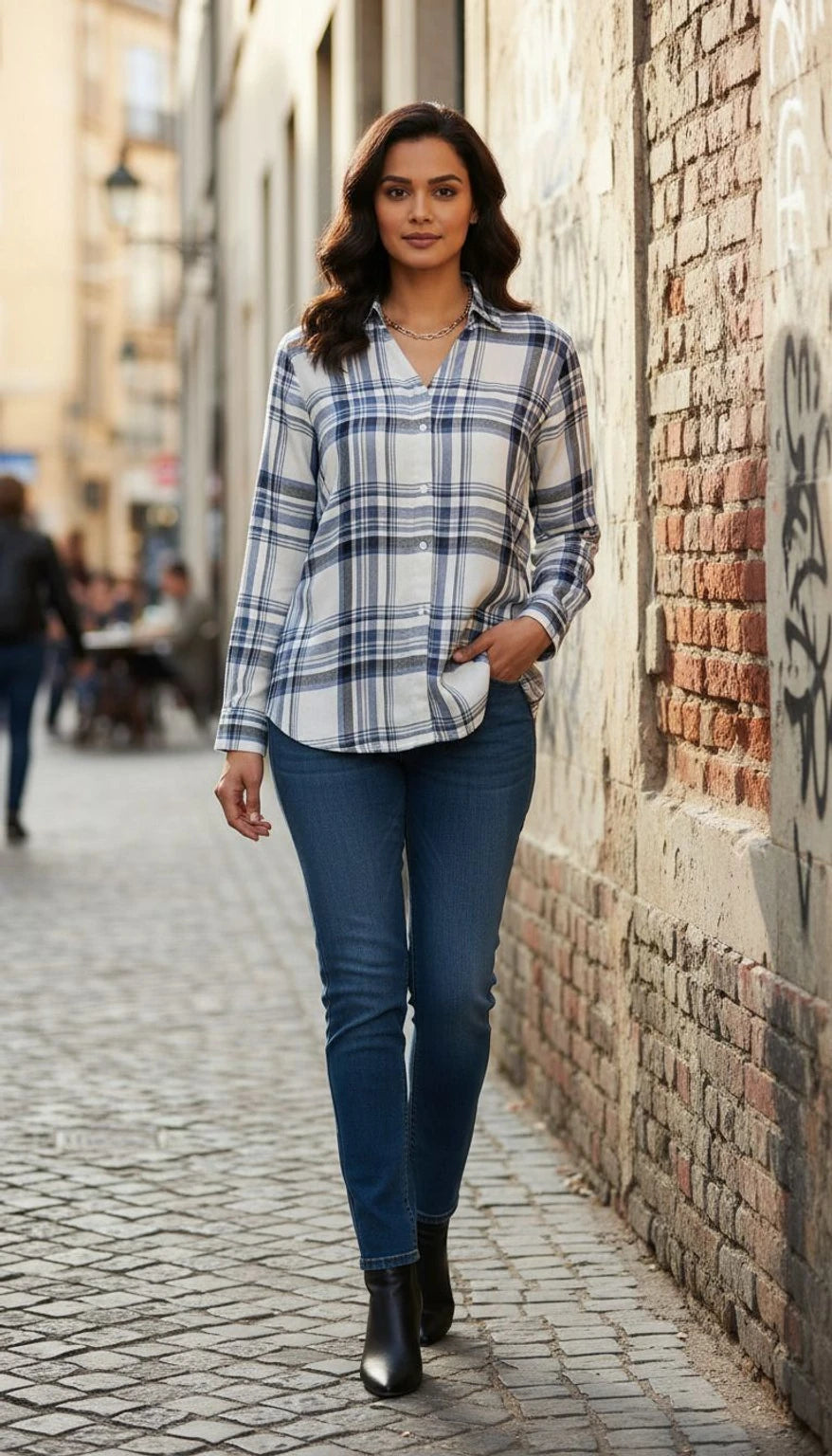 Women White-Blue Checkered Viscose Rayon Button Down Casual Shirt