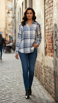 Women White-Blue Checkered Viscose Rayon Button Down Casual Shirt