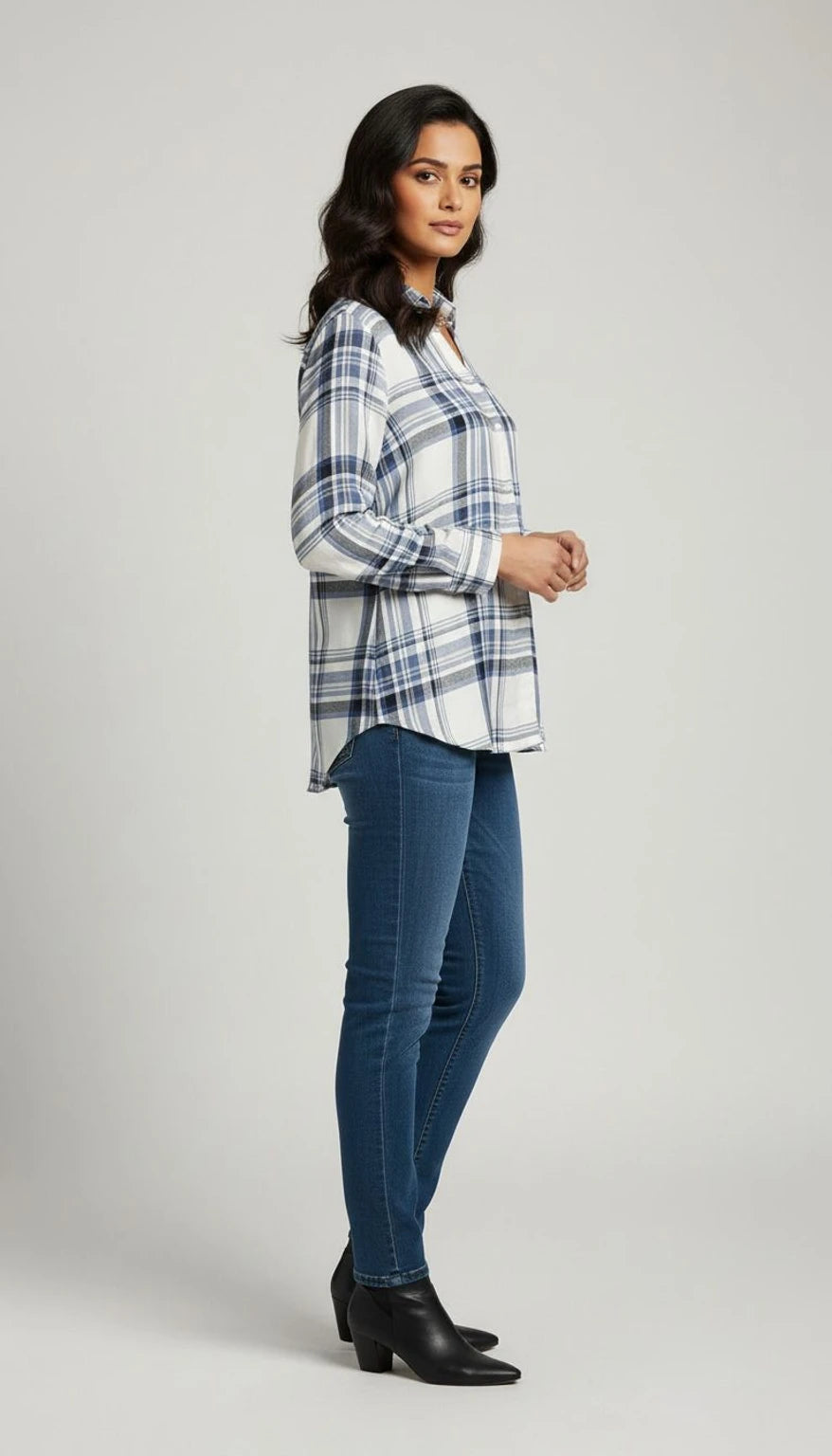 Women White-Blue Checkered Viscose Rayon Button Down Casual Shirt