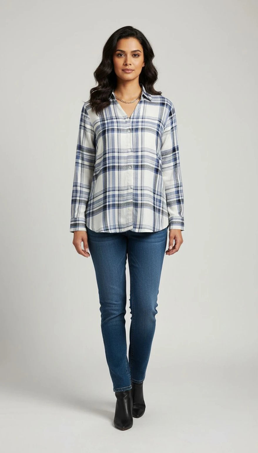 Women White-Blue Checkered Viscose Rayon Button Down Casual Shirt