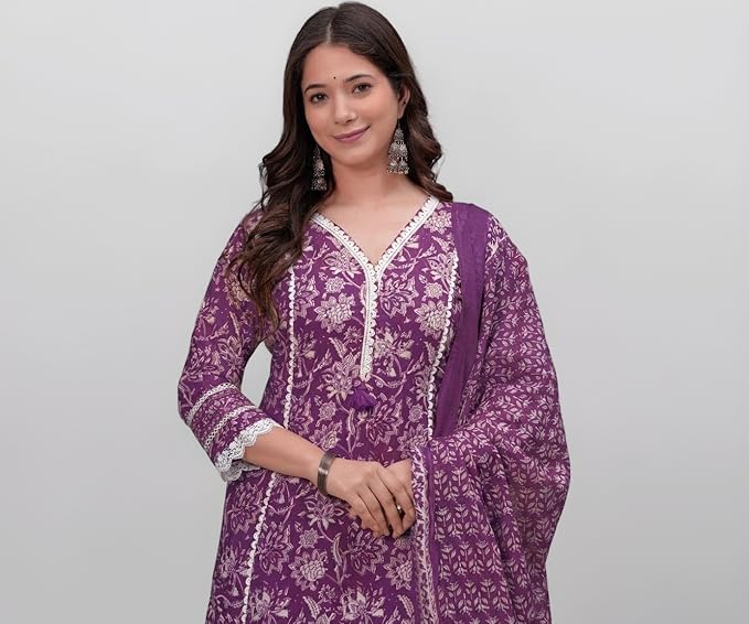 Women's Pure Cotton Printed Straight Kurta Set with Palazzo Pants & Dupatta- Ethnic Wear