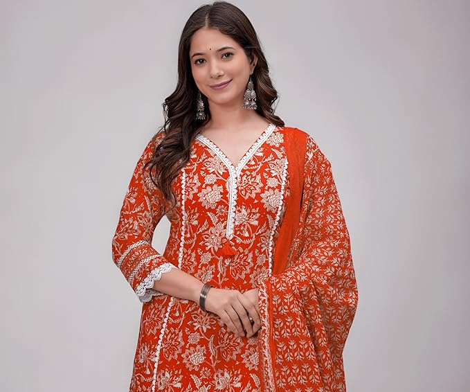 Women's Pure Cotton Printed Straight Kurta Set with Palazzo Pants & Dupatta- Ethnic Wear