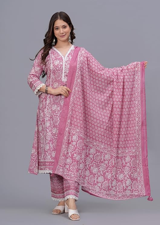 Women's Pure Cotton Printed Straight Kurta Set with Palazzo Pants & Dupatta- Ethnic Wear