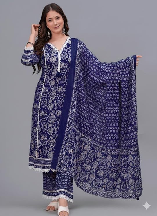 Women's Pure Cotton Printed Straight Kurta Set with Palazzo Pants & Dupatta- Ethnic Wear