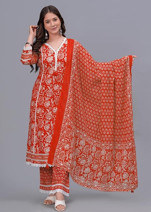 Women's Pure Cotton Printed Straight Kurta Set with Palazzo Pants & Dupatta- Ethnic Wear