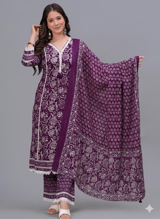 Women's Pure Cotton Printed Straight Kurta Set with Palazzo Pants & Dupatta- Ethnic Wear