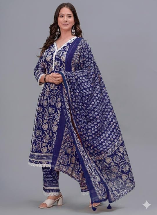 Women's Pure Cotton Printed Straight Kurta Set with Palazzo Pants & Dupatta- Ethnic Wear