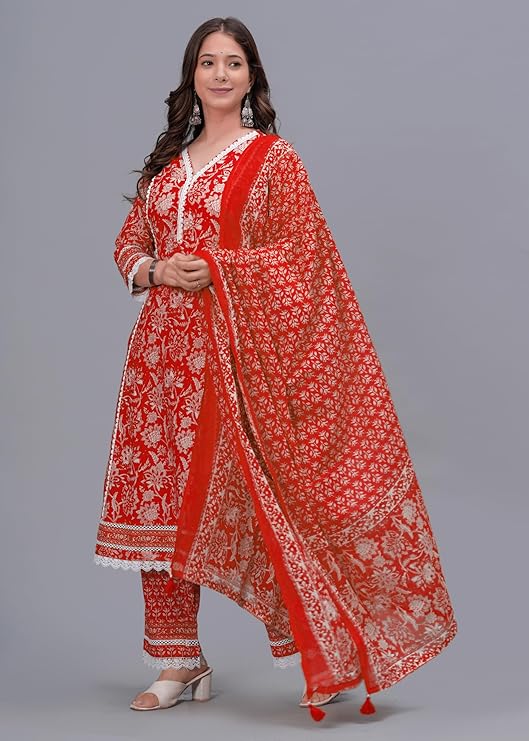 Women's Pure Cotton Printed Straight Kurta Set with Palazzo Pants & Dupatta- Ethnic Wear