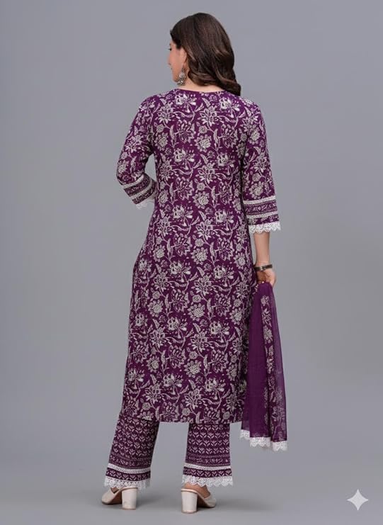 Women's Pure Cotton Printed Straight Kurta Set with Palazzo Pants & Dupatta- Ethnic Wear