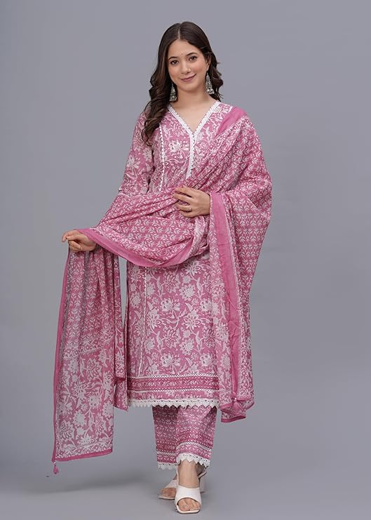Women's Pure Cotton Printed Straight Kurta Set with Palazzo Pants & Dupatta- Ethnic Wear