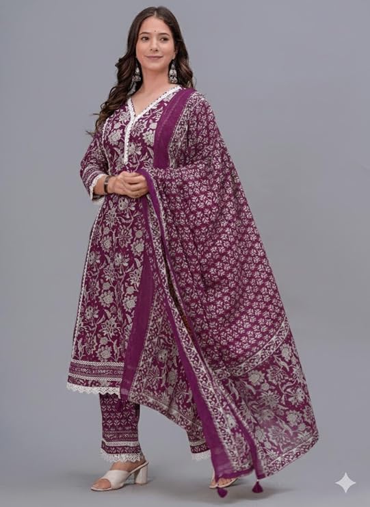 Women's Pure Cotton Printed Straight Kurta Set with Palazzo Pants & Dupatta- Ethnic Wear