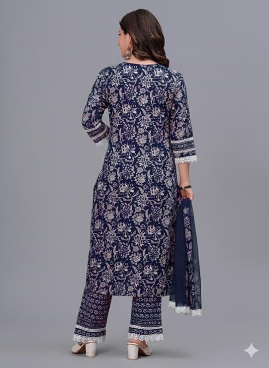 Women's Pure Cotton Printed Straight Kurta Set with Palazzo Pants & Dupatta- Ethnic Wear