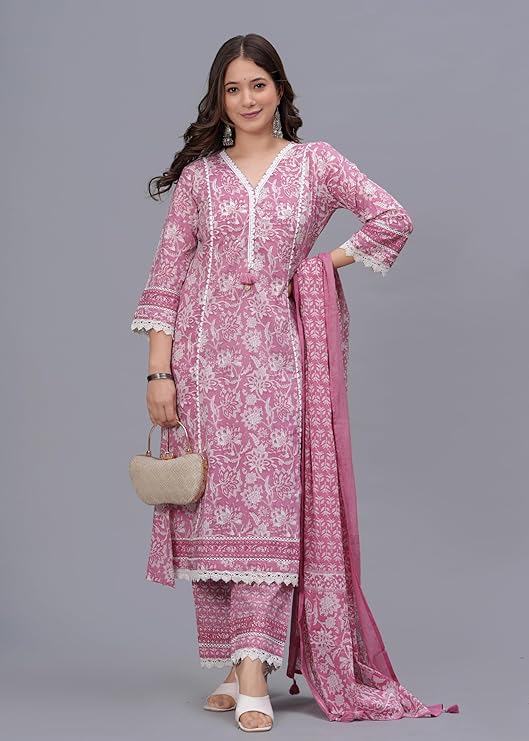 Women's Pure Cotton Printed Straight Kurta Set with Palazzo Pants & Dupatta- Ethnic Wear