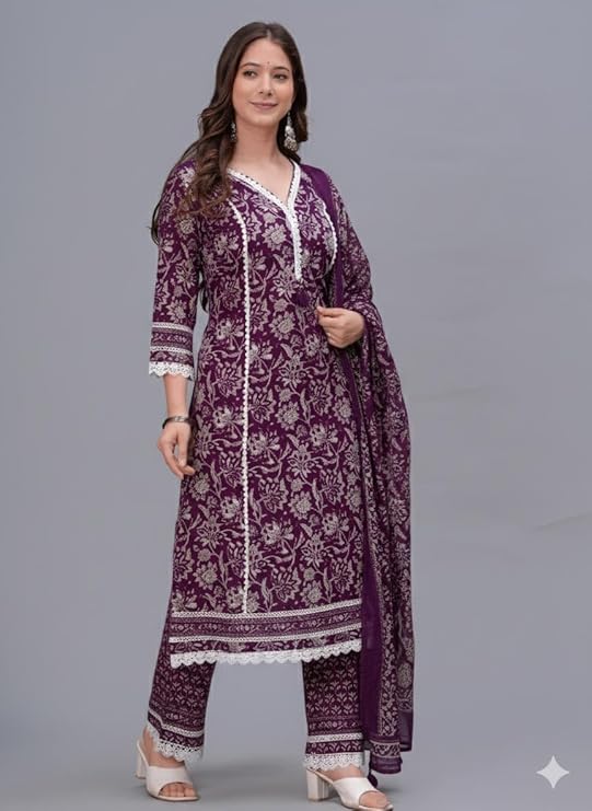 Women's Pure Cotton Printed Straight Kurta Set with Palazzo Pants & Dupatta- Ethnic Wear
