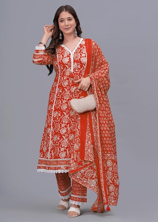 Women's Pure Cotton Printed Straight Kurta Set with Palazzo Pants & Dupatta- Ethnic Wear