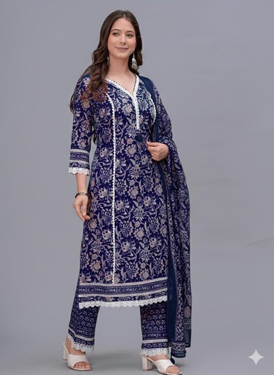 Women's Pure Cotton Printed Straight Kurta Set with Palazzo Pants & Dupatta- Ethnic Wear