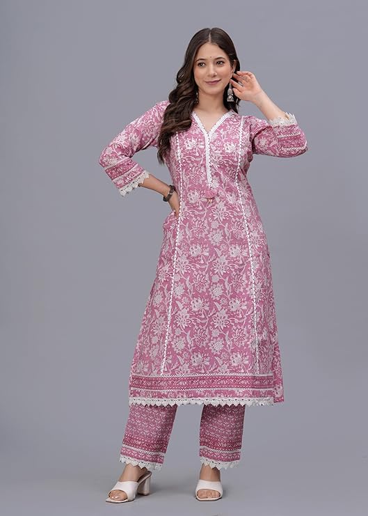 Women's Pure Cotton Printed Straight Kurta Set with Palazzo Pants & Dupatta- Ethnic Wear