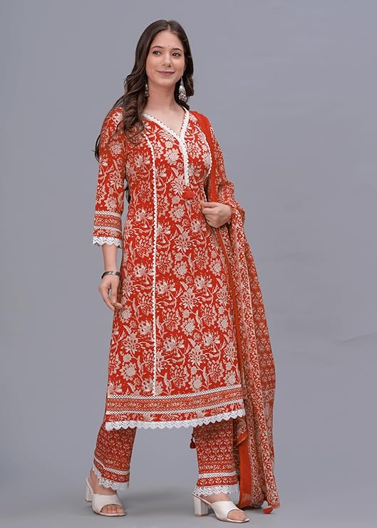 Women's Pure Cotton Printed Straight Kurta Set with Palazzo Pants & Dupatta- Ethnic Wear