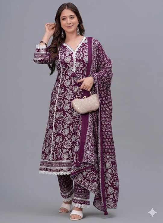 Women's Pure Cotton Printed Straight Kurta Set with Palazzo Pants & Dupatta- Ethnic Wear