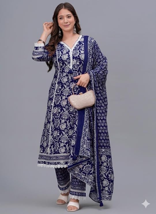 Women's Pure Cotton Printed Straight Kurta Set with Palazzo Pants & Dupatta- Ethnic Wear