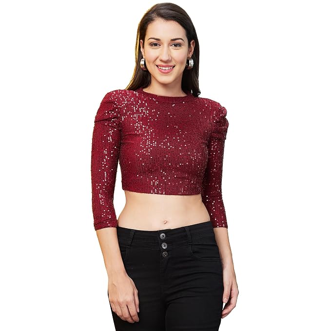 Women's Maroon Sequinned Party Crop Top - Slim Fit Crew Neck 3/4 Sleeve Blouse