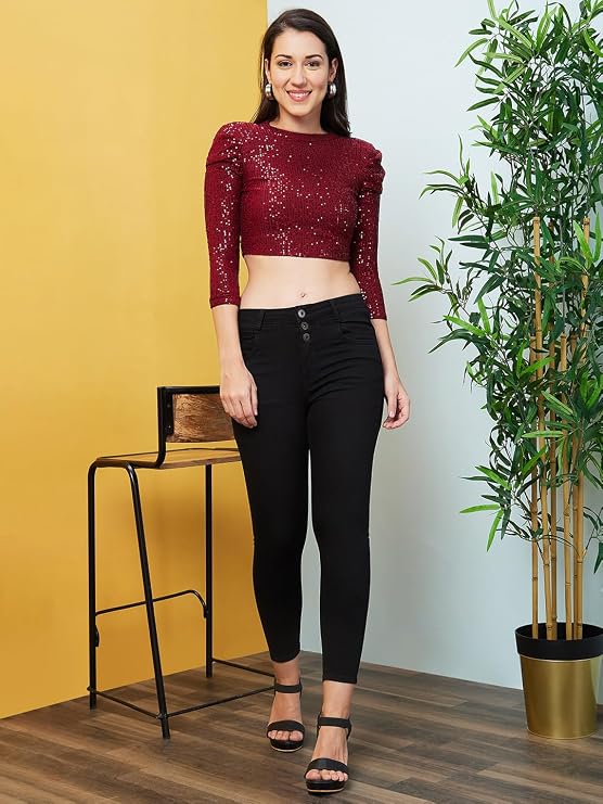 Women's Maroon Sequinned Party Crop Top - Slim Fit Crew Neck 3/4 Sleeve Blouse