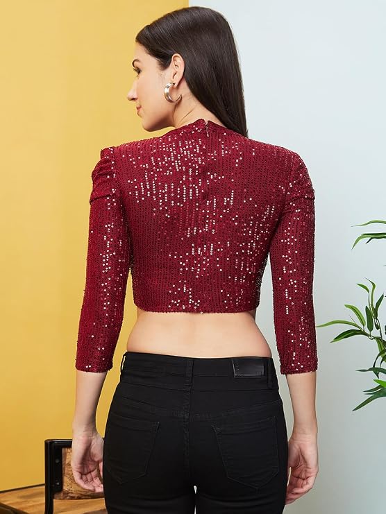 Women's Maroon Sequinned Party Crop Top - Slim Fit Crew Neck 3/4 Sleeve Blouse