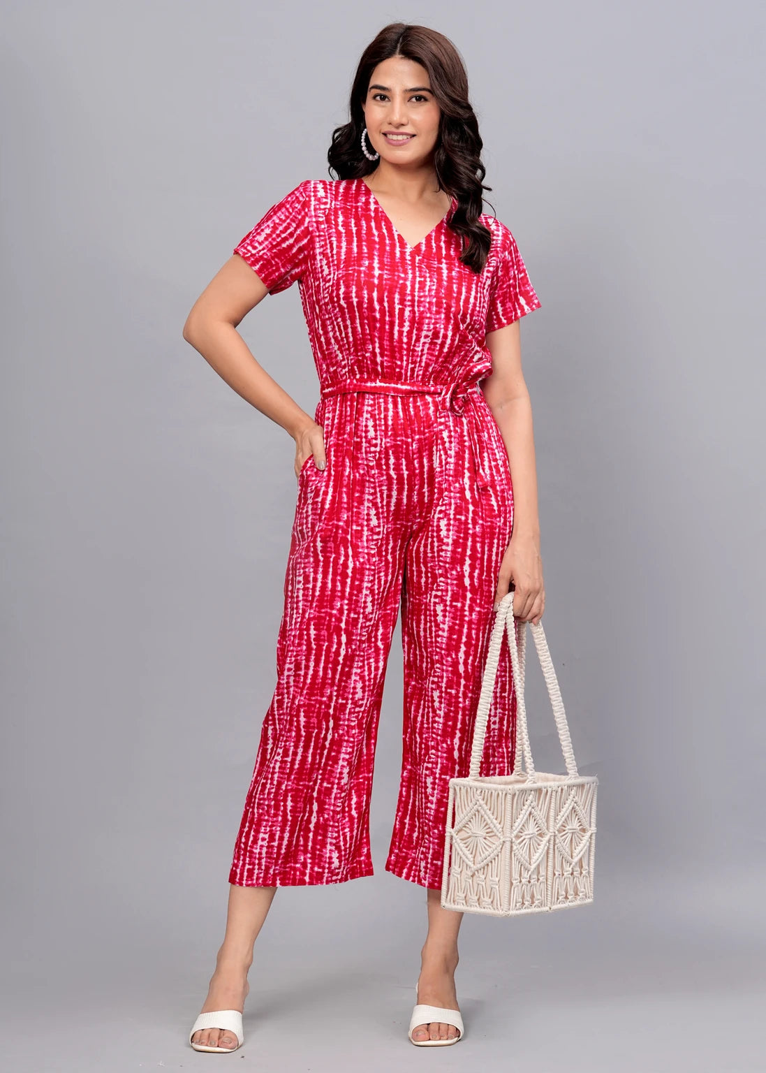 YOGITA PRINT Crimson Tie-Dye Jumpsuit – V-Neck Wide-Leg Crop Jumpsuit with Belt