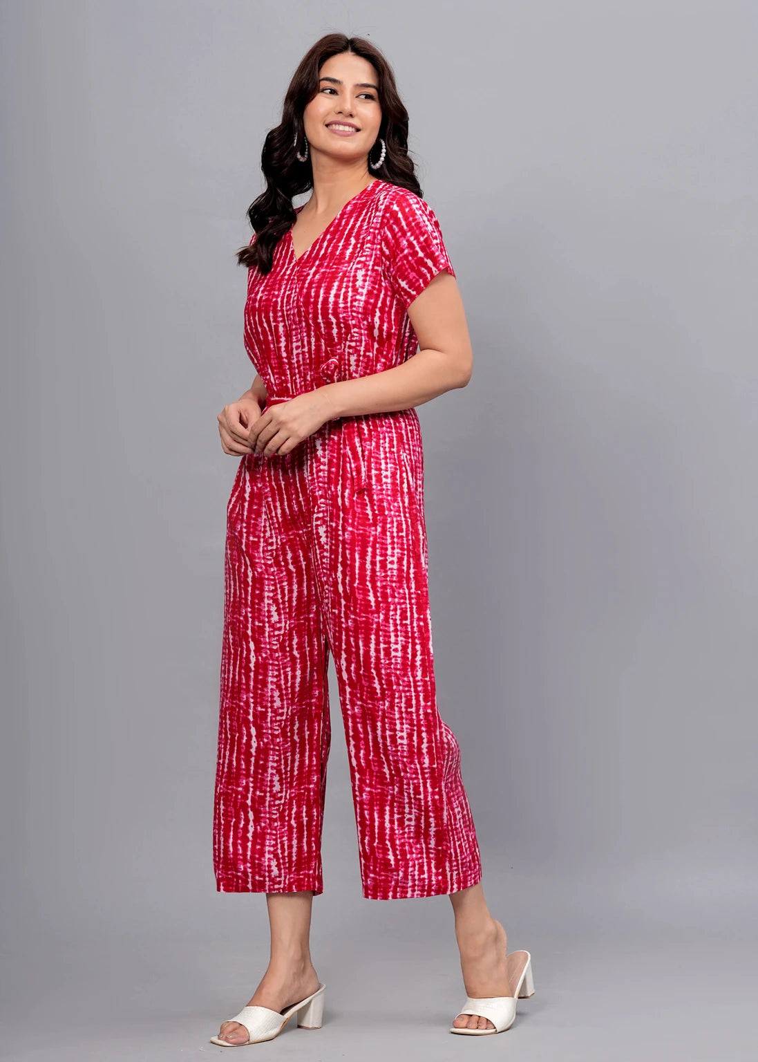 YOGITA PRINT Crimson Tie-Dye Jumpsuit – V-Neck Wide-Leg Crop Jumpsuit with Belt