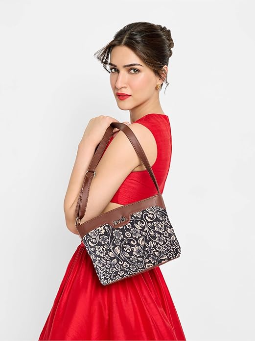 Zouk Premium Jute & Vegan Leather Sling Bag – Printed Motif Crossbody Utility Purse