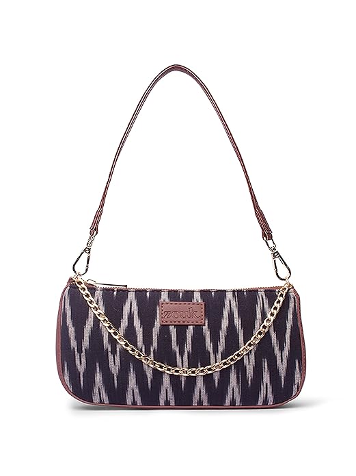 Zouk Premium Jute & Vegan Leather Baguette Shoulder Bag – Black Ikat Printed Utility Sling