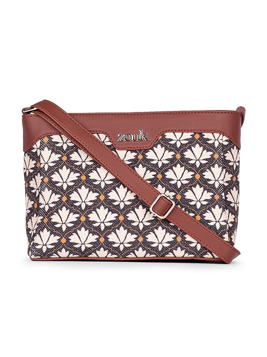 Zouk Premium Jute & Vegan Leather Sling Bag – Printed Motif Crossbody Utility Purse