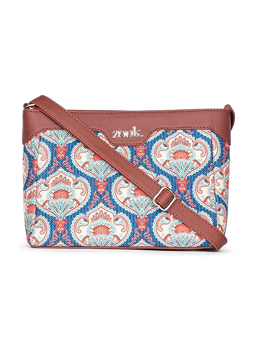 Zouk Premium Jute & Vegan Leather Sling Bag – Printed Motif Crossbody Utility Purse
