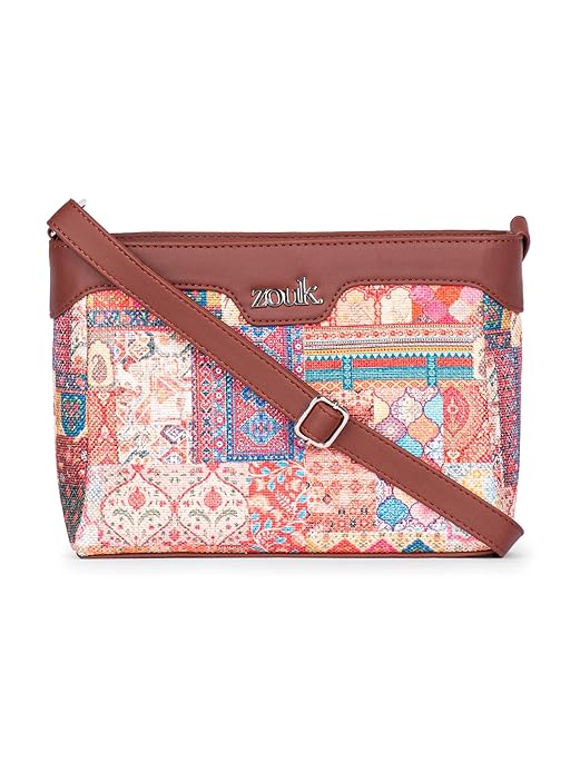 Zouk Premium Jute & Vegan Leather Sling Bag – Printed Motif Crossbody Utility Purse