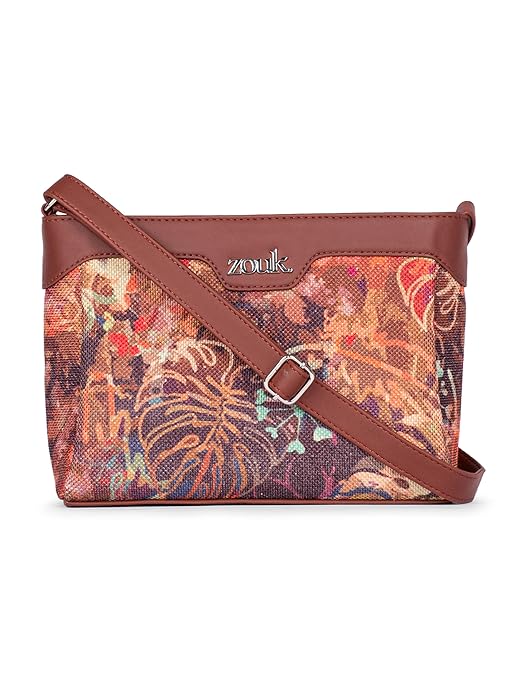 Zouk Premium Jute & Vegan Leather Sling Bag – Printed Motif Crossbody Utility Purse