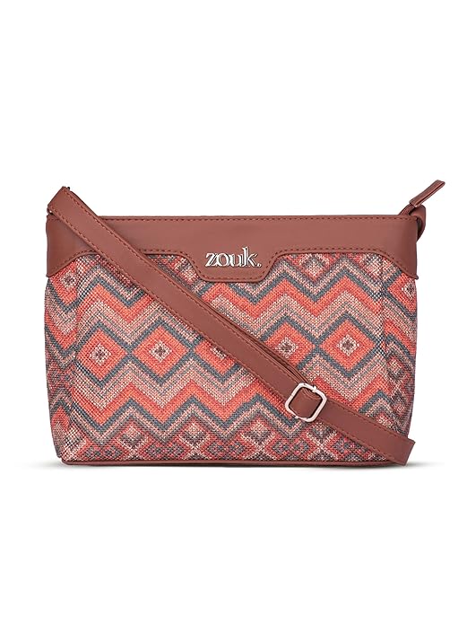 Zouk Premium Jute & Vegan Leather Sling Bag – Printed Motif Crossbody Utility Purse