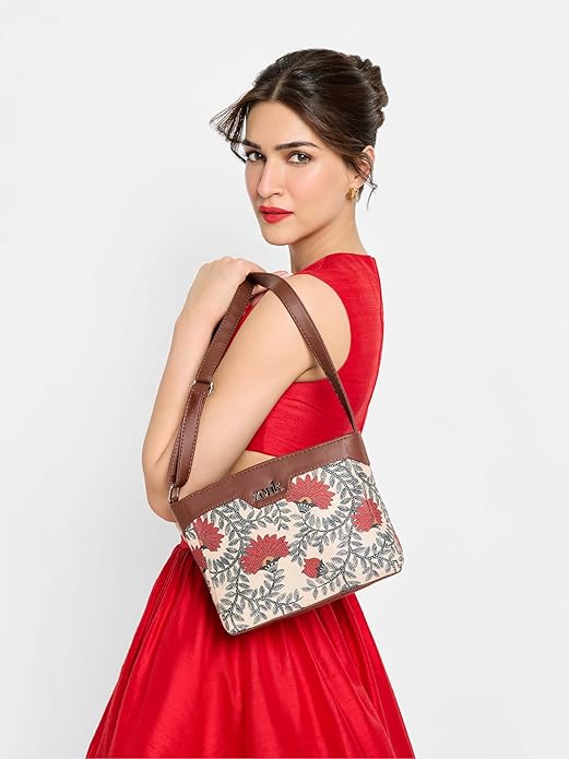 Zouk Premium Jute & Vegan Leather Sling Bag – Printed Motif Crossbody Utility Purse