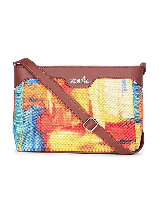 Zouk Premium Jute & Vegan Leather Sling Bag – Printed Motif Crossbody Utility Purse