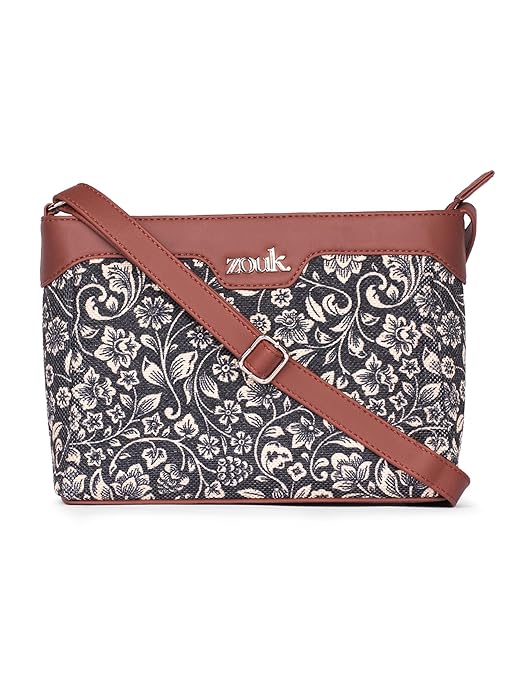 Zouk Premium Jute & Vegan Leather Sling Bag – Printed Motif Crossbody Utility Purse
