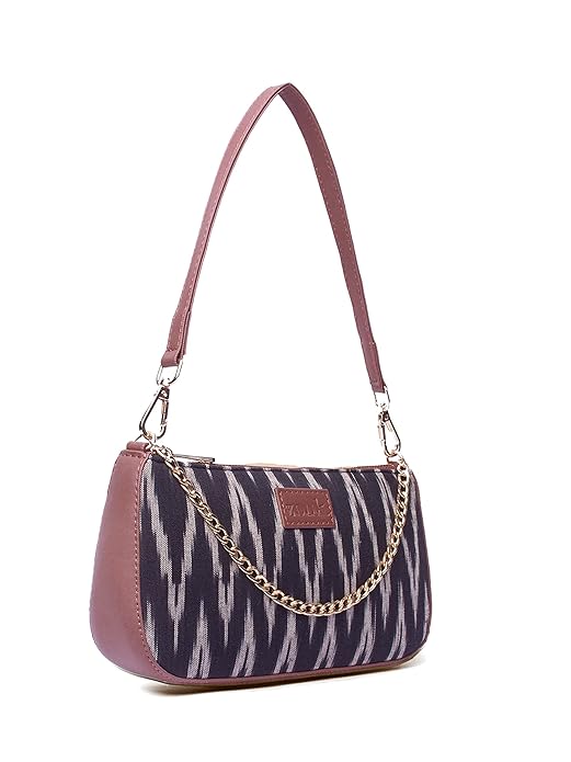 Zouk Premium Jute & Vegan Leather Baguette Shoulder Bag – Black Ikat Printed Utility Sling