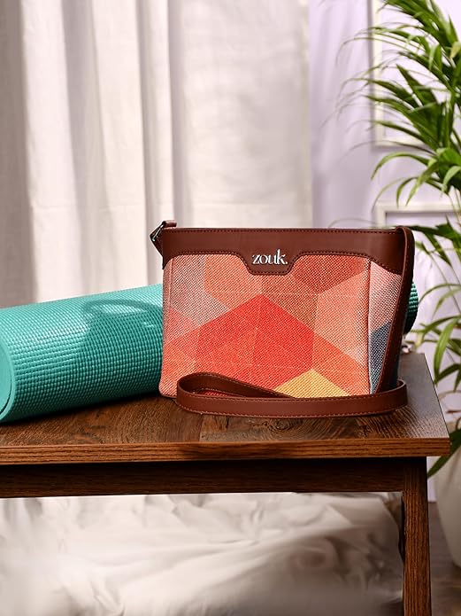 Zouk Premium Jute & Vegan Leather Sling Bag – Printed Motif Crossbody Utility Purse