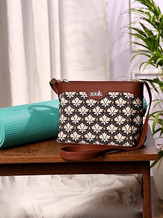 Zouk Premium Jute & Vegan Leather Sling Bag – Printed Motif Crossbody Utility Purse