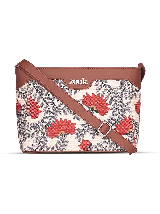 Zouk Premium Jute & Vegan Leather Sling Bag – Printed Motif Crossbody Utility Purse